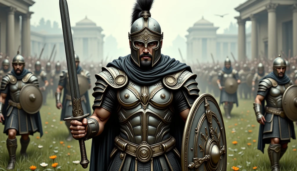 Wide view, Realistic cinematic scene. Ancient 
 Rome culture, Green grassland flowers field natural background. The Roman Empire General in action, in center of the chaotic battlefield, holding sword and shied, wearing intricate Rome detail armor. Golden Ancient runes and cybernectic line decorate, Grimmdark. (Ultra-realistic, 32k, Masterpiece, High Quality, Detailed Realistic Background, Official Art, Realistic Lighting, filmfotos, film grain, reversal film photography).