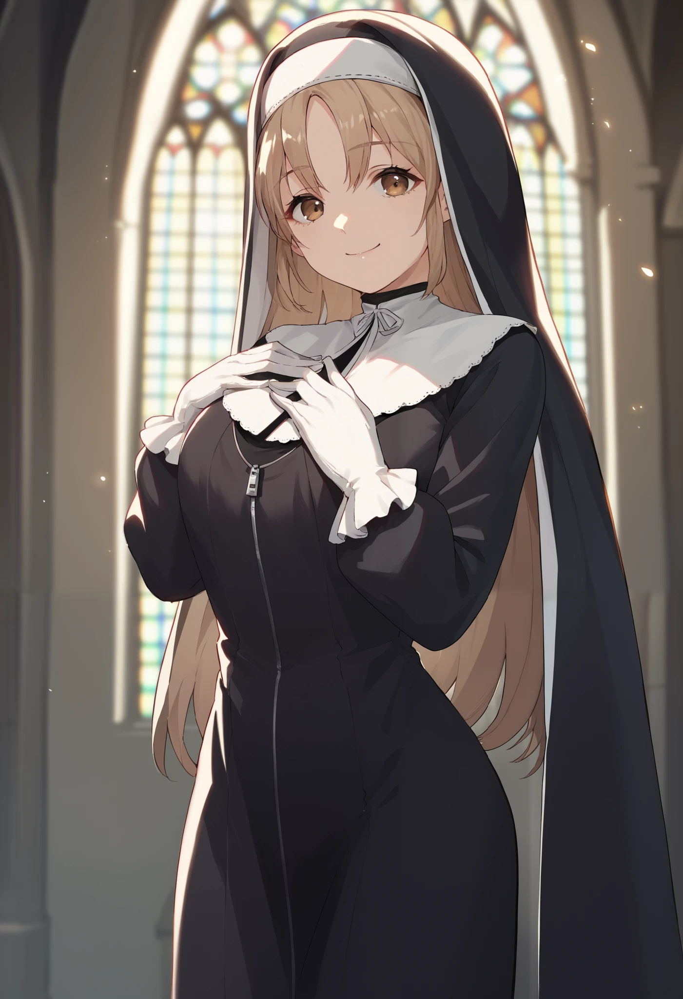 score_9, score_8_up, score_7_up,  source_Anime, sc1,  long hair,  brown eyes,  light brown hair ,  split bang, Nuns, habit,  dress, black  dress,  gloves, white  gloves, zipper, smile,  cowboy shot, church,  backlight,  is watching viewers, ( Hands-on own chest :1.1)