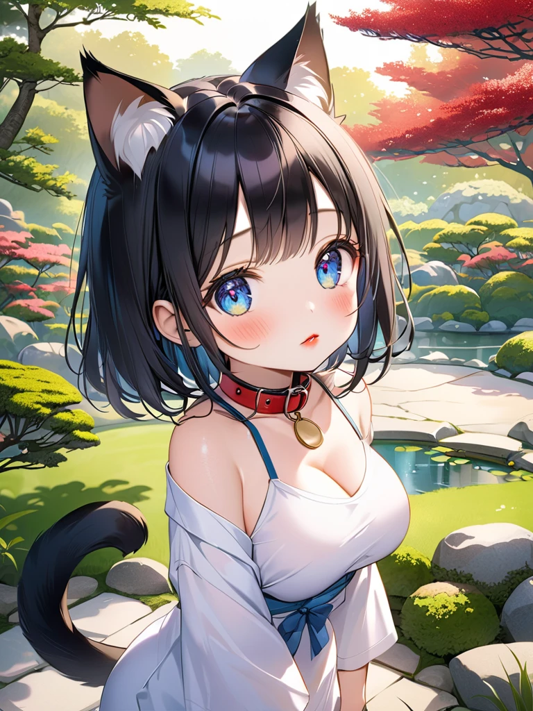 Full body portrait，Baby Face Big Breasts， Petite Body ， detailed facial details ，Cat ears， red lips，Blue pupil， blush，shy， long black hair，Collar， radiant skin ，Japanese Garden，