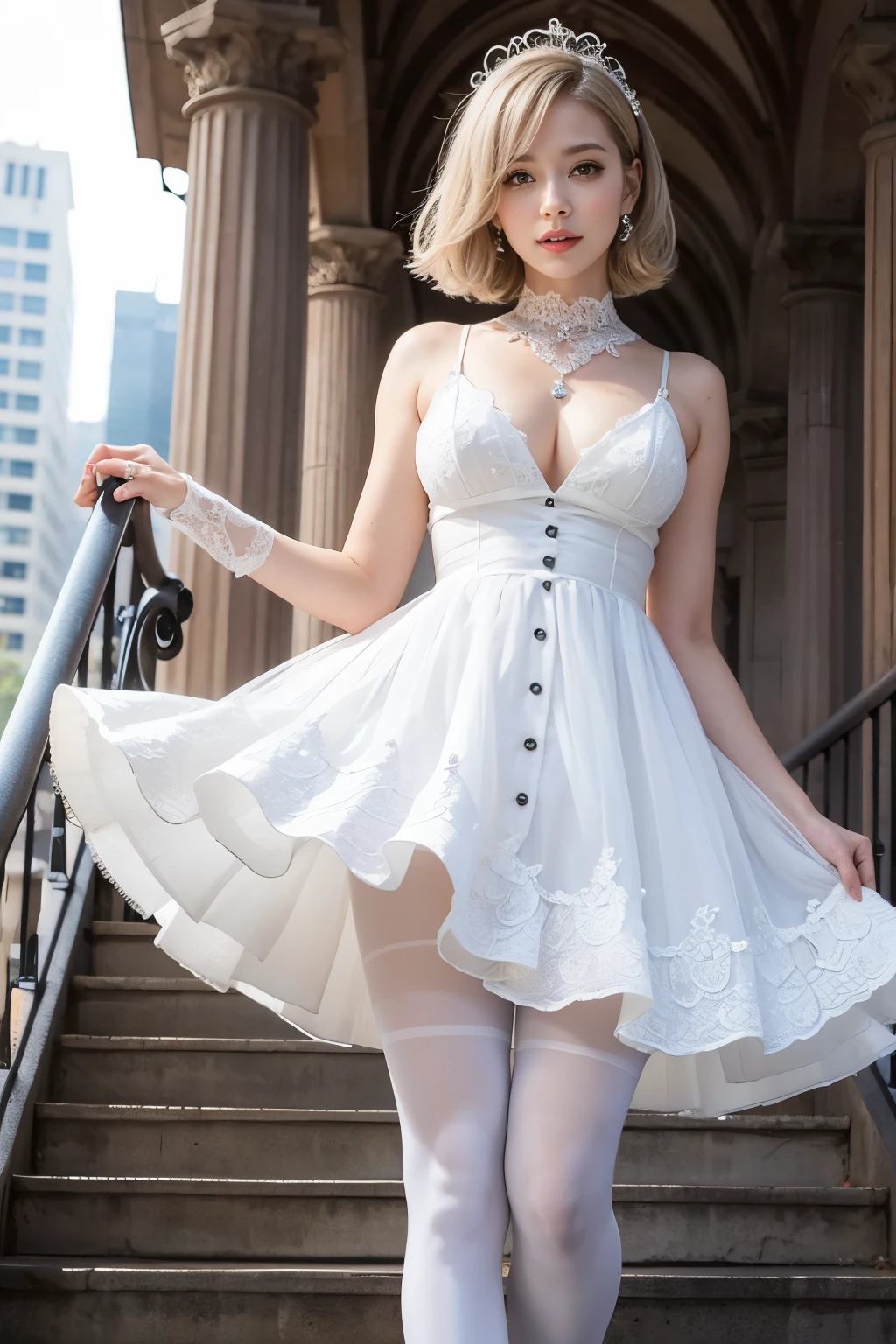 Blonde robotic，Detailed facial expressions，robot mechanic, Ripe body，Tall figure，the number，legs long，4K，k hd，fleshy feeling，White translucent lace，Fair and plump figure，Nice face，Cherry small mouth，beautiful and delicious（3D royal sister)，Gorgeous dress , with mecanical lightnyngs, cabeles