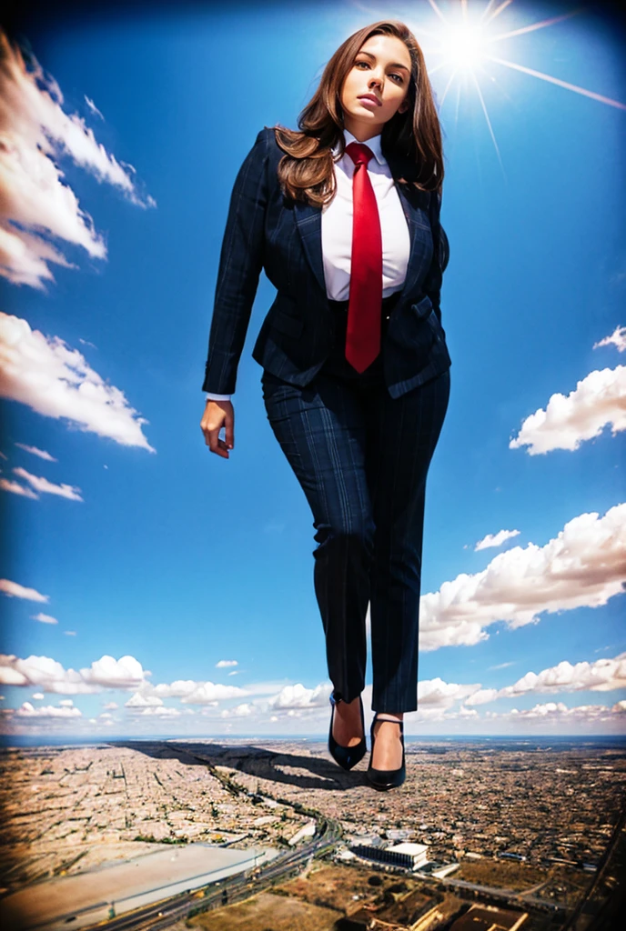 Looking up at the approaching young giantess from below, Giantess art, 500 miles tall giga giantess, young sophisticated and stylish woman in a black italian pinstriped trouser suit, form fitting crisp black office shirt, and a large wide blue necktie in a windsor knot, with a beautiful, curvaceous figure, large natural breasts, and long wavey redhead hair, with a curvaceous figure and massive breasts. wearing blue rounded court high heels with uncovered feet and standing, rampage-like pose, with a city skyscrapers background of mega-city, skyscapers, partially obscured by a hazy, cloudy atmosphere. The image is a high-resolution, masterpiece-quality, cinematic, ultra-detailed, and hyper-photorealistic photograph, with perfect hands, face, and lighting. ultra-detailed, 8K, photo-realistic, hyper-realistic, masterpiece, intricate details, full body view. Looking at camera, The image is a high-resolution, masterpiece-quality, cinematic, ultra-detailed, and hyper-photorealistic photograph, with perfect hands, face, and lighting. ultra-detailed, 8K, photo-realistic, hyper-realistic, masterpiece, intricate details, viewed from below