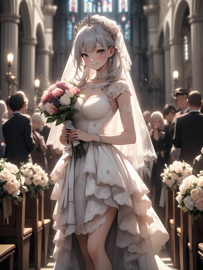 8k,  top quality , The real picture,  complicated details, Very detailed,  super high resolution ,  depth field , ( realistic, realistic),  table top in bed, (Knee up shot ), (( standing pose)), ((( 1 girl))), (((Holding a bouquet in both hands))), (( happy smile )), eye_Chan,  very beautiful in a chair , innocent big eyes,  beautiful breasts , 非常に詳細なeye, ( beautiful breasts ), (( Silver Hair)), ( short semi-long hair ), (Light brown skin),  perfect skin,  small breasts, Tight waist, Alone,  stares at viewers, (((Sexy Wedding Dresses))), ((Church Cathedral)), (((Church Cathedralの中に天使の羽が舞っています)))