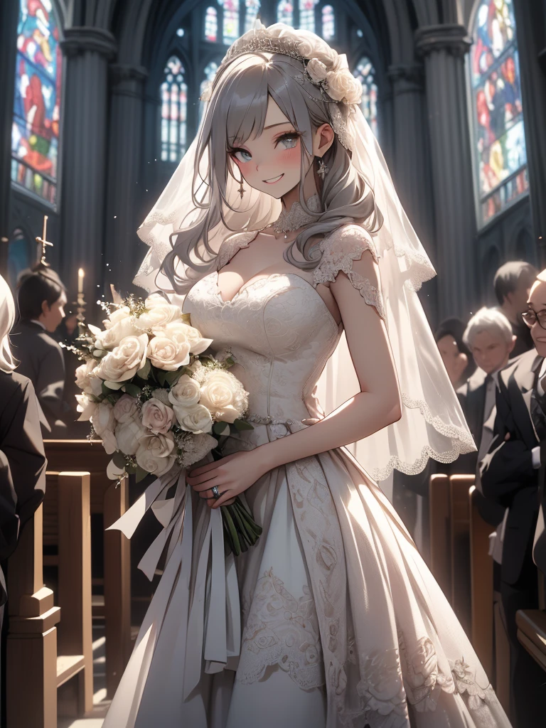 8k,  top quality , The real picture,  complicated details, Very detailed,  super high resolution ,  depth field , ( realistic, realistic),  table top in bed, (Knee up shot ), (( standing pose)), ((( 1 girl))), (((Holding a bouquet in both hands))), (( happy smile )), eye_Chan,  very beautiful in a chair , innocent big eyes,  beautiful breasts , 非常に詳細なeye, ( beautiful breasts ), (( Silver Hair)), ( short semi-long hair ), (Light brown skin),  perfect skin,  small breasts, Tight waist, Alone,  stares at viewers, (((Sexy Wedding Dresses))), ((Church Cathedral)), (((Church Cathedralの中に天使の羽が舞っています)))