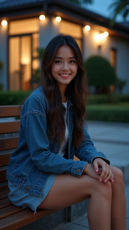 20 year old Asian girl with long hair wearing T-shirt, denim jacket, cargo pants, sneakers, wearing glasses, brown eyes, smiling expression, sitting on a floor, Studio shot, black background with low light, masterpiece, Highly detailed, uhd ,16k ,digital art,Full Body Shot,cinematic lighting,Naturalism,Fashion photography
