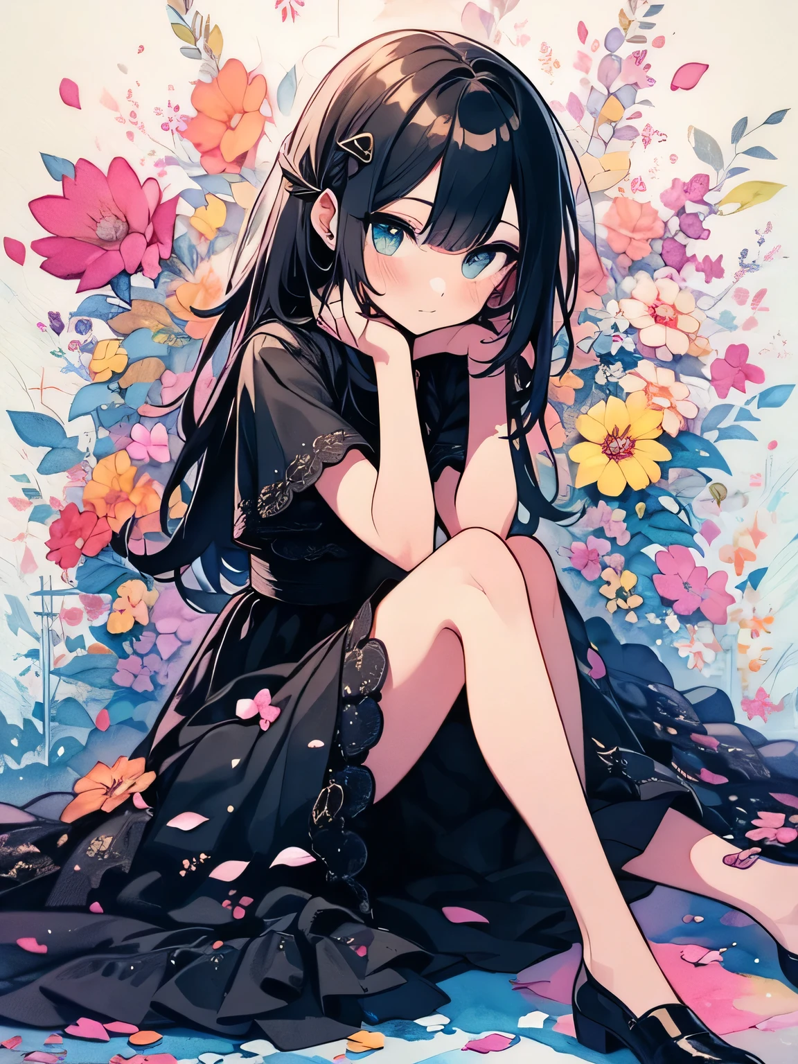 ((masterpiece,best quality)),(1girl, solo:1.4),negative space:1.3,from above,beautiful detailed eyes, vivid, cloudy sky, flower, anemone \(flower\), daffodil, hyacinth,falling petals,sanshoku dango, hanami, picnic, incoming kiss, incoming hug,