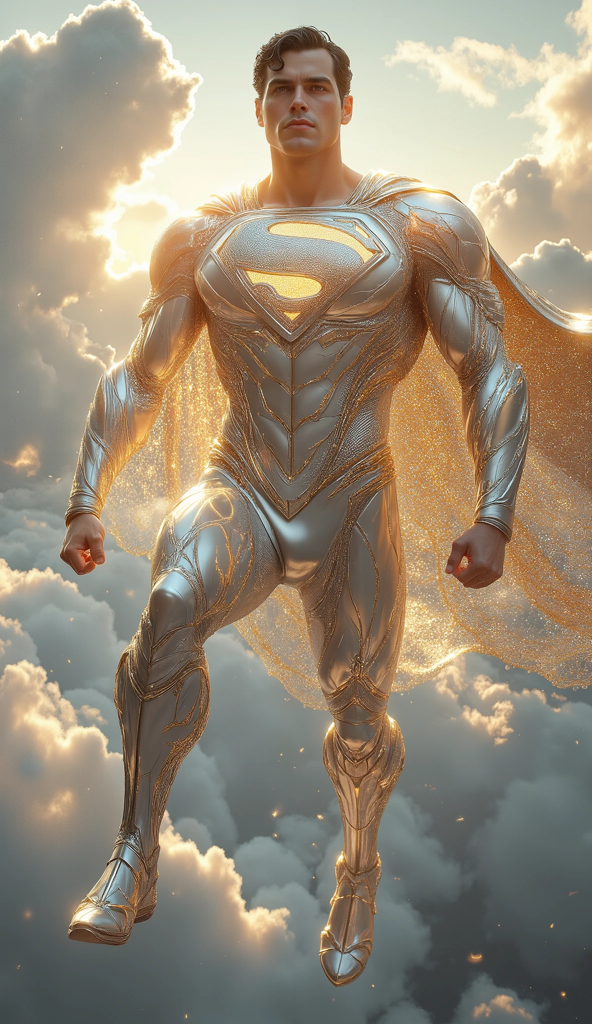 High Resolution, Masterpiece, Award Winning, Superman glitter white and golden colour costume realistic shining and fly in sky 