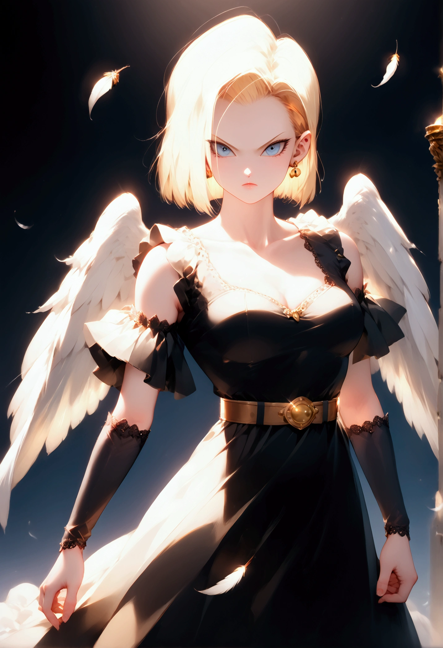 A highly detailed full-body portrait of Android 18 from Dragonball Z, furious expression, wearing a breathtaking celestial dress adorned with an abundance of feathers, surrounded by a dark aura, gigantic magical feather angel wings, intricate details, dramatic lighting, cinematic composition, hyper-realistic, 8k, photorealistic, award-winning digital art