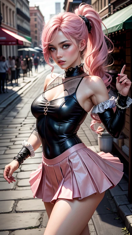 a masterpiece, best quality, highres, absurdres, 1girl, crowd, skirt, wind blowing skirt up, laced underwear, pink hair, gasai yuno, from below, revealing clothes, skindentation, outdoors, sunlight, street, looking at viewer, blush, detailed face, beautiful detailed eyes, beautiful detailed lips, extremely detailed face, long eyelashes, cinematic lighting, depth of field, volumetric lighting, photorealistic, digital painting, concept art, vibrant colors, dynamic pose