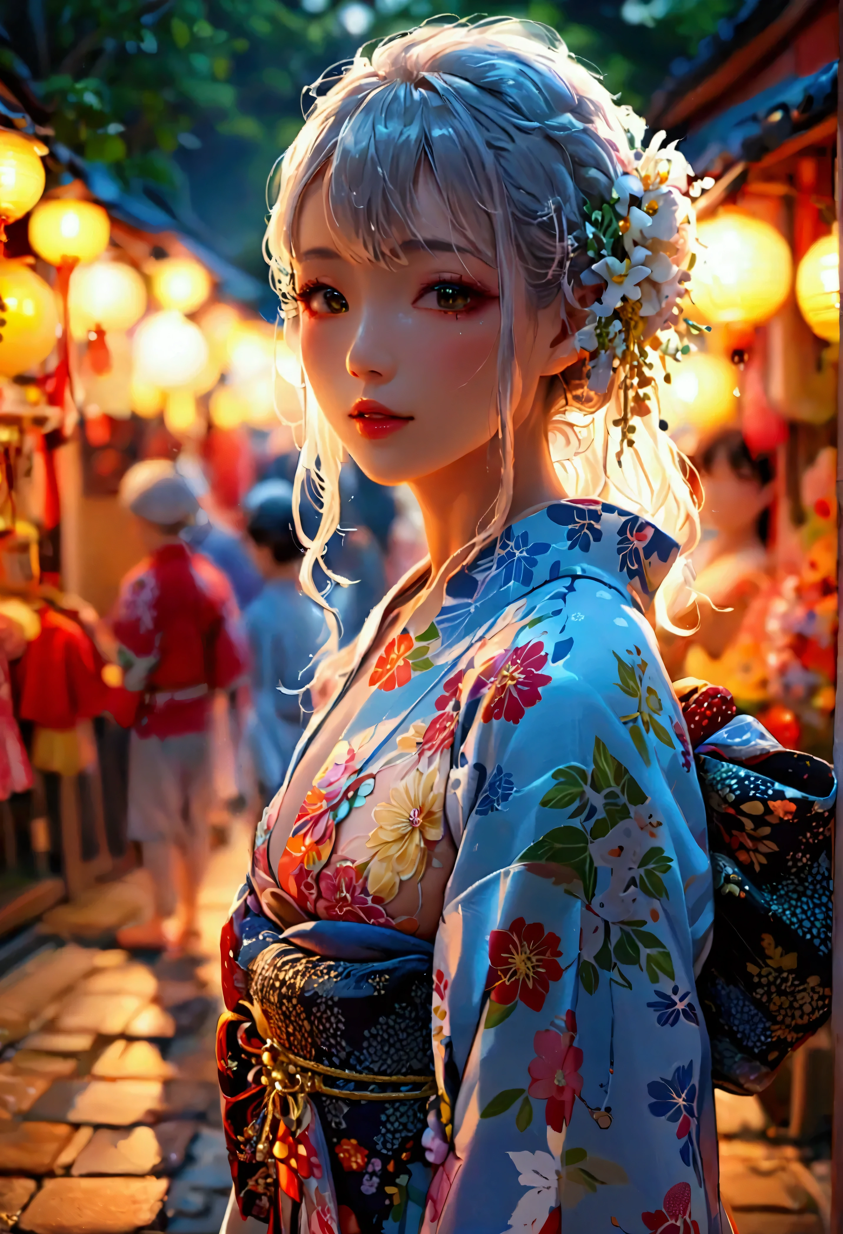 Highest quality, Super quality, 16K, Incredibly absurd, Very detailed, 2.5D, delicate and dynamic, very humid summer night, Complex Light, ,Japan's Bon Odori Festival, many stalls , , Small face, Extremely delicate facial expression, Delicate eye depiction, Extremely detailed hair, (full body photo:1.3), erotic, sole sexy Japanese lady, healthy slim body, 22 years old lady, ,  ((large breasts:1.2), (huge breasts:1.2), (Uplifted and well-defined bust:1.2), (lifted chest:1.2), (perky breasts :1.2),(deep cleavage:1.4),, white silver long hair, sexy long legs, Glowing Skin, Soft Skin, wearing a Japanese traditional Yukata, informal summer kimono, A complex costume, Costumes in complex colors, Are standing, 