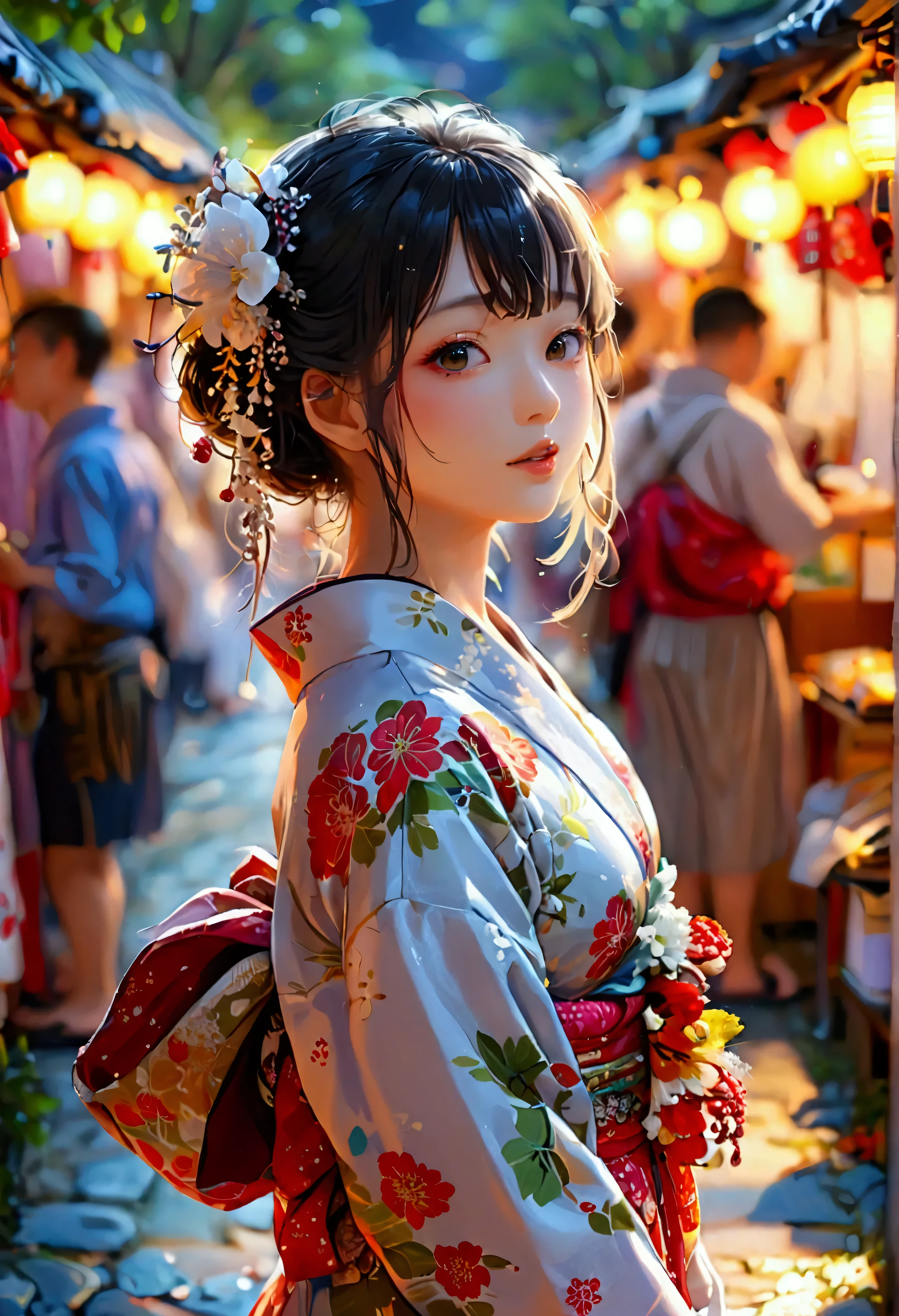 Highest quality, Super quality, 16K, Incredibly absurd, Very detailed, 2.5D, delicate and dynamic, very humid summer night, Complex Light, ,Japan's Bon Odori Festival, many stalls , , Small face, Extremely delicate facial expression, Delicate eye depiction, Extremely detailed hair, (full body photo:1.3), erotic, sole sexy Japanese lady, healthy slim body, 22 years old lady, ,  ((large breasts:1.2), (huge breasts:1.2), (Uplifted and well-defined bust:1.2), (lifted chest:1.2), (perky breasts :1.2),(deep cleavage:1.4),, white silver long hair, sexy long legs, Glowing Skin, Soft Skin, wearing a Japanese traditional Yukata, informal summer kimono, A complex costume, Costumes in complex colors, Are standing, 