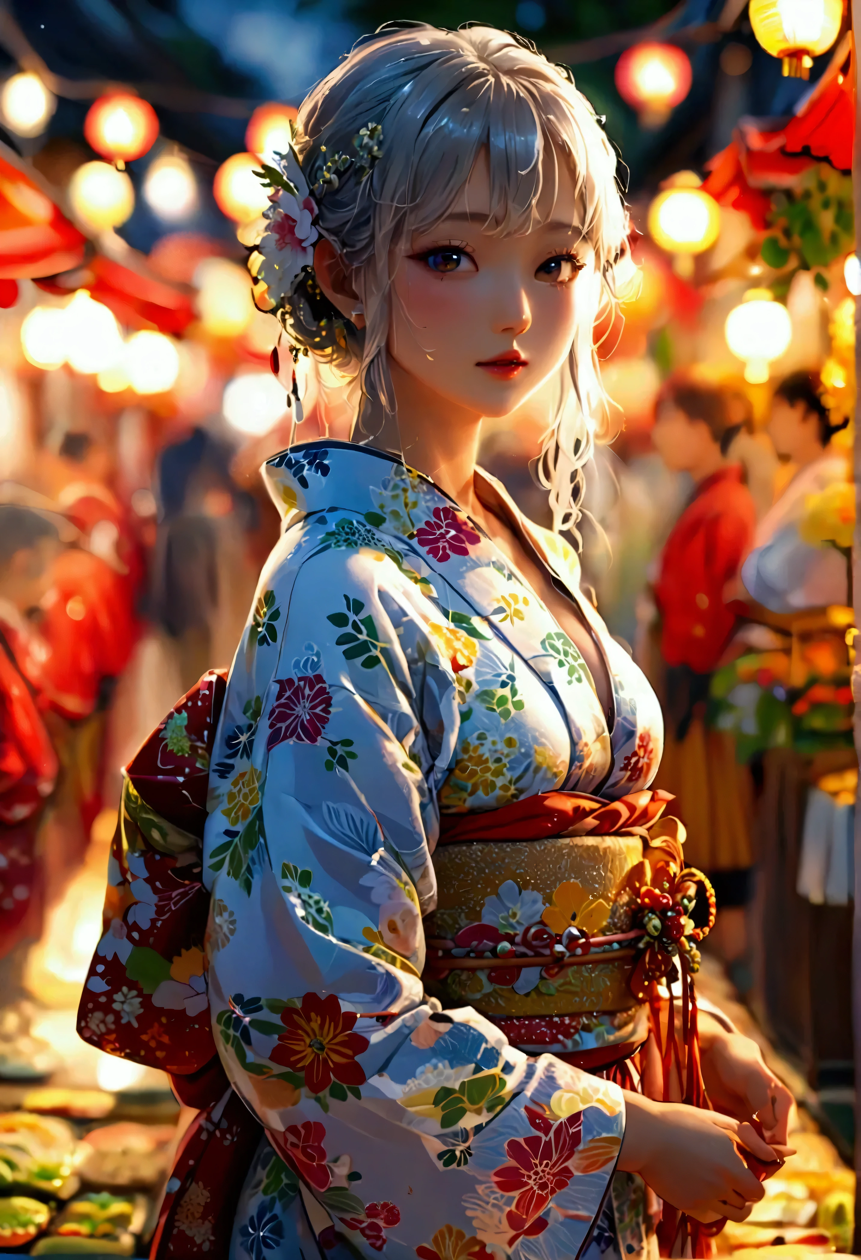 Highest quality, Super quality, 16K, Incredibly absurd, Very detailed, 2.5D, delicate and dynamic, very humid summer night, Complex Light, ,Japan's Bon Odori Festival, many stalls , , Small face, Extremely delicate facial expression, Delicate eye depiction, Extremely detailed hair, (full body photo:1.3), erotic, sole sexy Japanese lady, healthy slim body, 22 years old lady, ,  ((large breasts:1.2), (huge breasts:1.2), (Uplifted and well-defined bust:1.2), (lifted chest:1.2), (perky breasts :1.2),(deep cleavage:1.4),, white silver long hair, sexy long legs, Glowing Skin, Soft Skin, wearing a Japanese traditional Yukata, informal summer kimono, A complex costume, Costumes in complex colors, Are standing, 