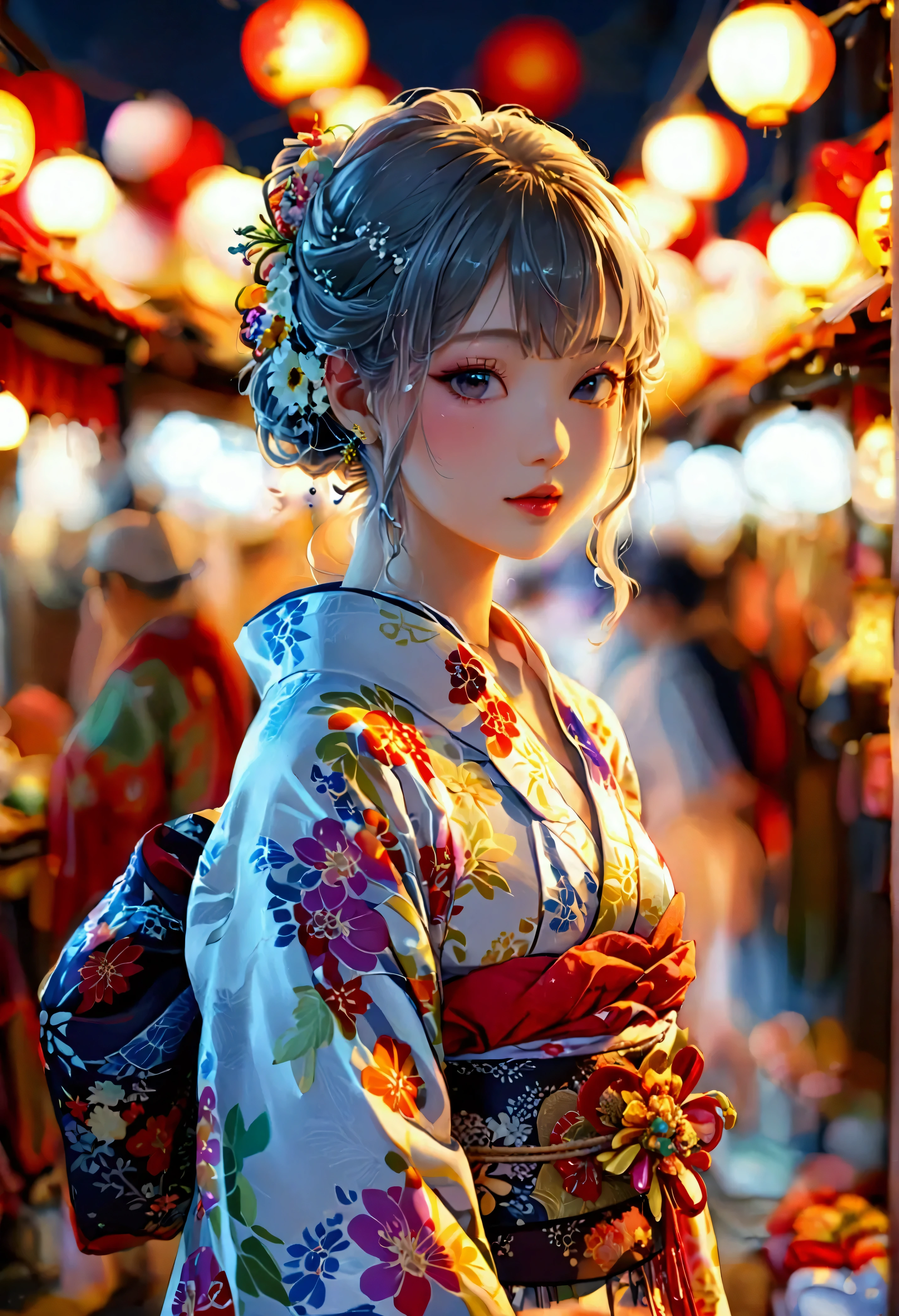 Highest quality, Super quality, 16K, Incredibly absurd, Very detailed, 2.5D, delicate and dynamic, very humid summer night, Complex Light, ,Japan's Bon Odori Festival, many stalls , , Small face, Extremely delicate facial expression, Delicate eye depiction, Extremely detailed hair, (full body photo:1.3), erotic, sole sexy Japanese lady, healthy slim body, 22 years old lady, ,  ((large breasts:1.2), (huge breasts:1.2), (Uplifted and well-defined bust:1.2), (lifted chest:1.2), (perky breasts :1.2),(deep cleavage:1.4),, white silver long hair, sexy long legs, Glowing Skin, Soft Skin, wearing a Japanese traditional Yukata, informal summer kimono, A complex costume, Costumes in complex colors, Are standing, 