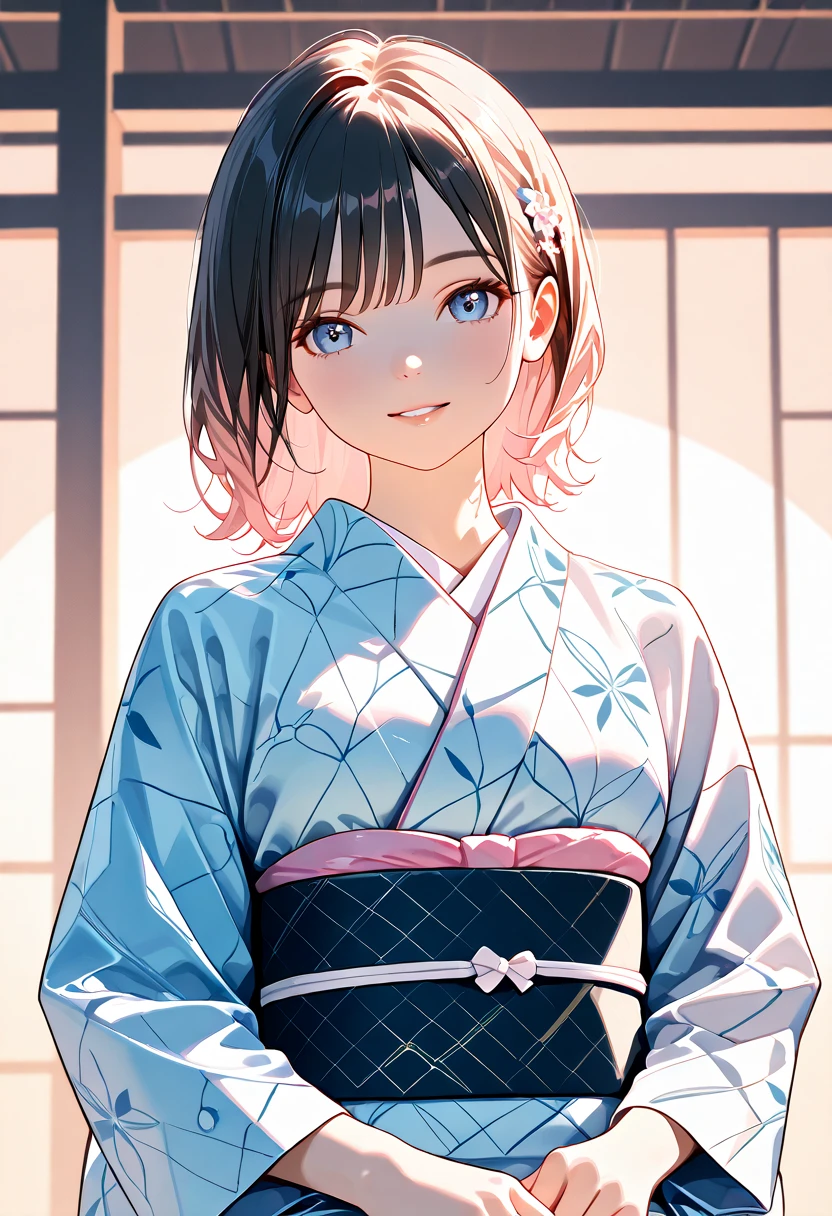 a woman wearing a beautiful traditional japanese yukata, elegant pose, detailed facial features, detailed hair, detailed kimono pattern, intricate obi, natural lighting, soft pastel colors, high quality, detailed art, photorealistic