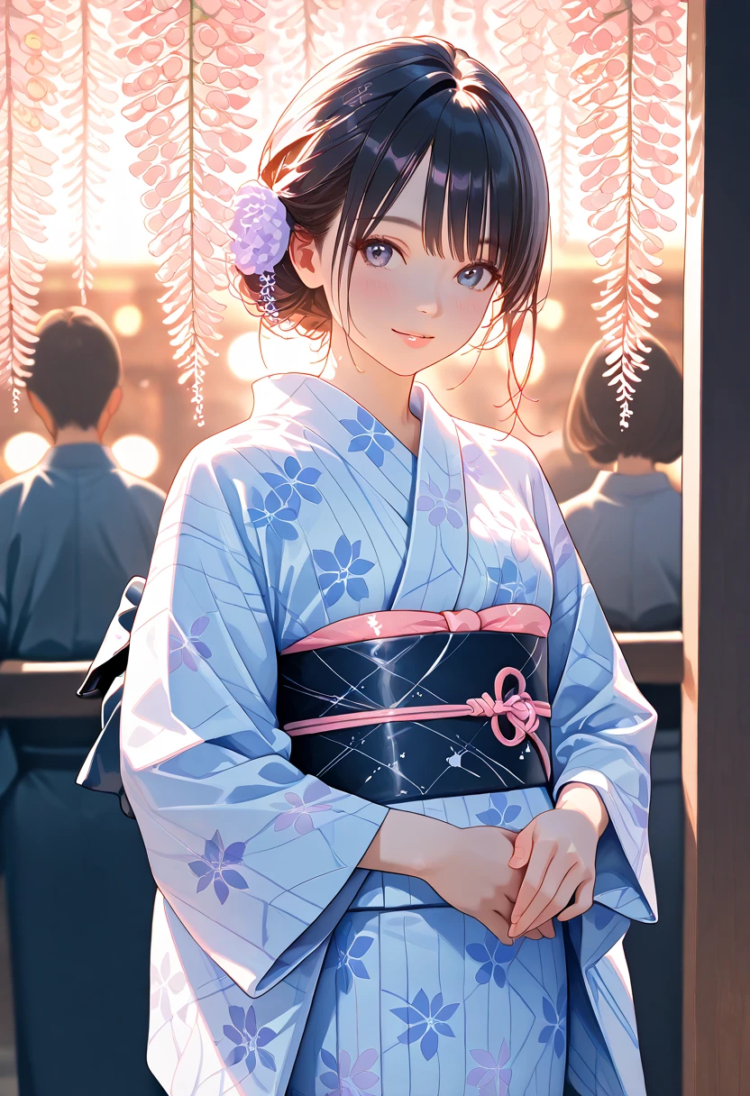 a woman wearing a beautiful traditional japanese yukata, elegant pose, detailed facial features, detailed hair, detailed kimono pattern, intricate obi, natural lighting, soft pastel colors, high quality, detailed art, photorealistic