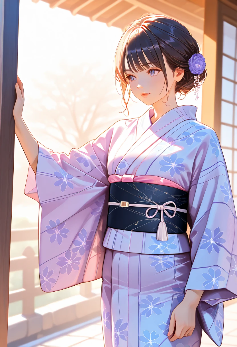 a woman wearing a beautiful traditional japanese yukata, elegant pose, detailed facial features, detailed hair, detailed kimono pattern, intricate obi, natural lighting, soft pastel colors, high quality, detailed art, photorealistic