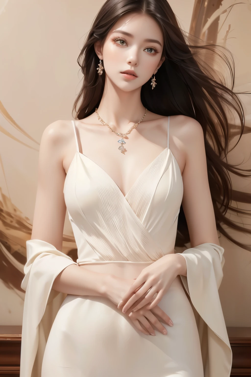 1girl,(upper_body:1.2),long leg,an extremely best quality,masterpiece,center,long hair,photo..,(best quality),((masterpiece)),extremely detailed 8K wallpaper,(an extremely delicate and beautiful),jewelry,necklace,elegant posture,mural,