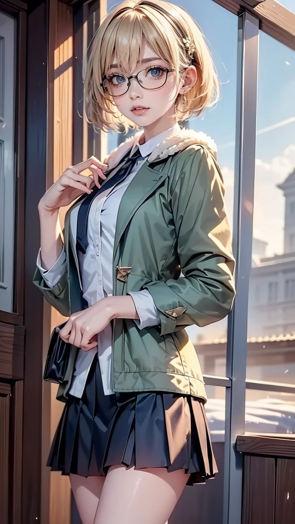 masterpiece, best quality, ultra detailed 8k, extremely detailed eyes, cute girl, yo, (blonde hair, very short hair, hairs between eyes), blue eyes, (glasses), smile, slender body, white breath, cowboy shot, 
BREAK 
moss green short slim fit duffle coat, green pleated skirt, fluffy gloves, earmuffs, 
BREAK
on the rural train station, winter morning, diamond dust, cold, fine day, sunshine