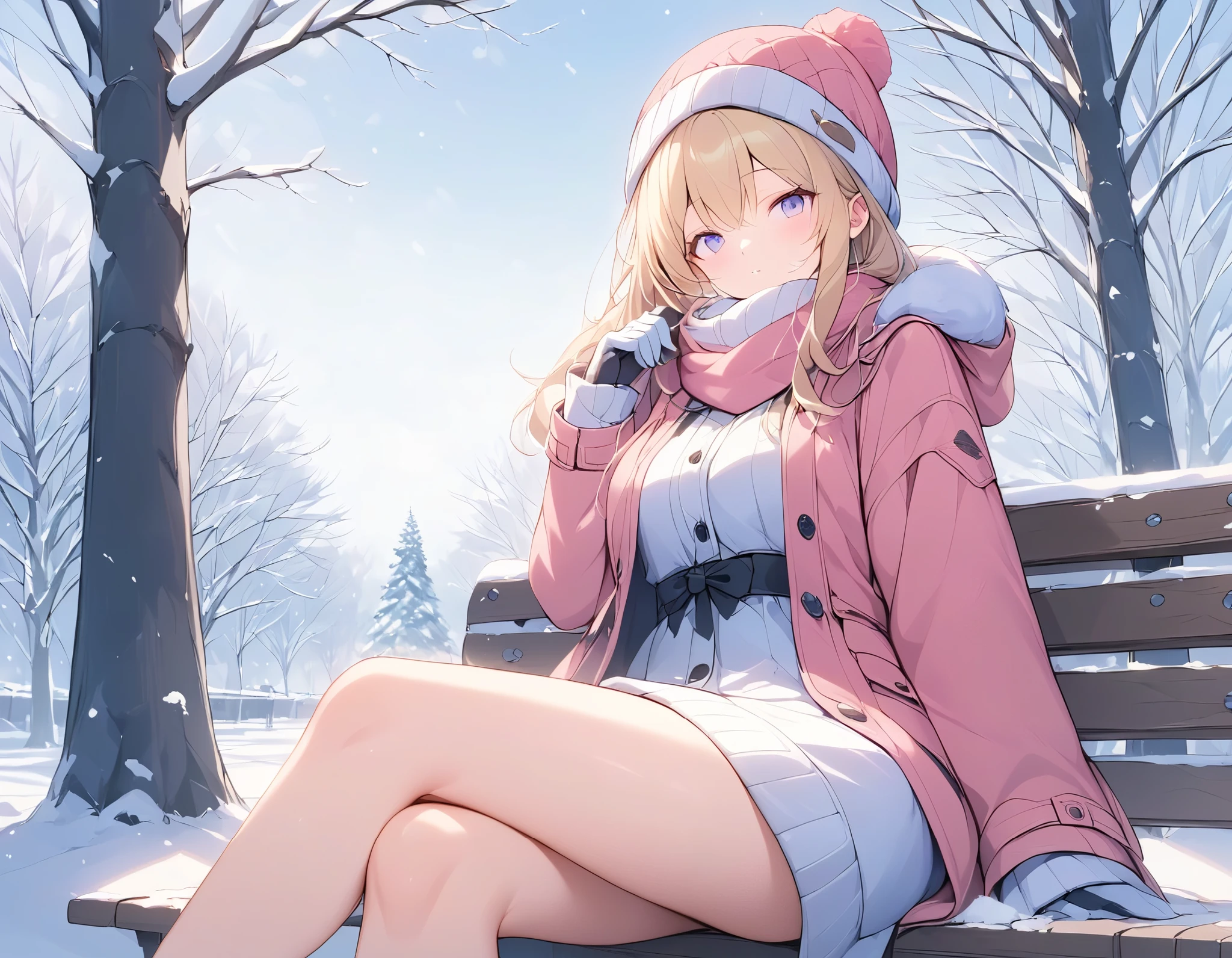 (((Best quality, 8k, Masterpiece: 1.3)), ((best quality)), ((masterpiece)), (detailed), perfect face, perfect body, (detailed skin:1.3), (intricate details), A blonde-haired woman wearing a fluffy pink coat, sitting on a wooden bench in a snowy winter setting. She is also wearing a knitted hat, scarf, and gloves, exuding warmth and comfort in her stylish attire. Her breath is visible in the frosty air as she gazes at the peaceful snowy surroundings. Snowflakes gently fall around her, and the ground is blanketed in a soft layer of fresh snow. The bench is set in a serene park, with snow-covered trees and a tranquil atmosphere. The soft pink of her coat contrasts beautifully with the white snow, adding a touch of warmth to the chilly scene