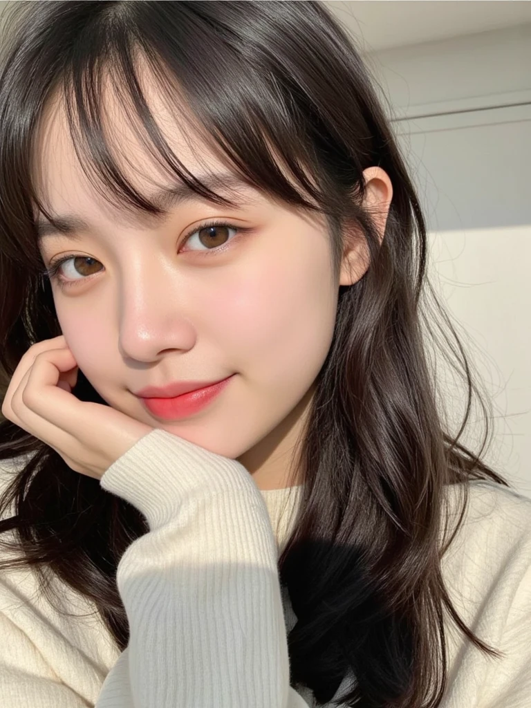 highest quality, Realistic, Very detailed, Finer details, High resolution, 8k wallpaper, One beautiful woman Standing in the house:1.3(white wall background), smile, Oversized hoodie, Skinny jeans, Black Hair, Beautiful Bangs, Perfect dynamic composition, Beautiful and detailed, A big smile waiting to start. Selfie shot.