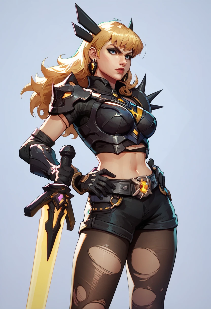 score_9, score_8_up, score_7_up, score_6_up, expressiveh, magik_rivals, 1girl, solo, cowboy shot, blonde hair, long hair, hair accessory, eyeliner, blue eyes, earrings, cropped bodysuit, black bodysuit, armor, belt, gloves, black gloves, black clothes, pauldrons, midriff, navel, short shorts, yellow details, pantyhose, ripped pantyhose, spikes, holding sword, holding weapon, huge weapon, magik sword, glowing sword, yellow sword, weapon, posing, hand on hips, simple background, simple background, geometric shapes
