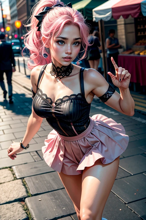Cute super delicate girl in a pink lolita dress with rainbow hair. pigtails, Utra high image quality, see through
The background is post apocalypse city scape, damaged and dusty
Dark lighting, low key lighting, dark and gritty, large breasts, cleavage, sexy pose, sexy expression, white stocks,
The view is from the ground, below the subject, looking up