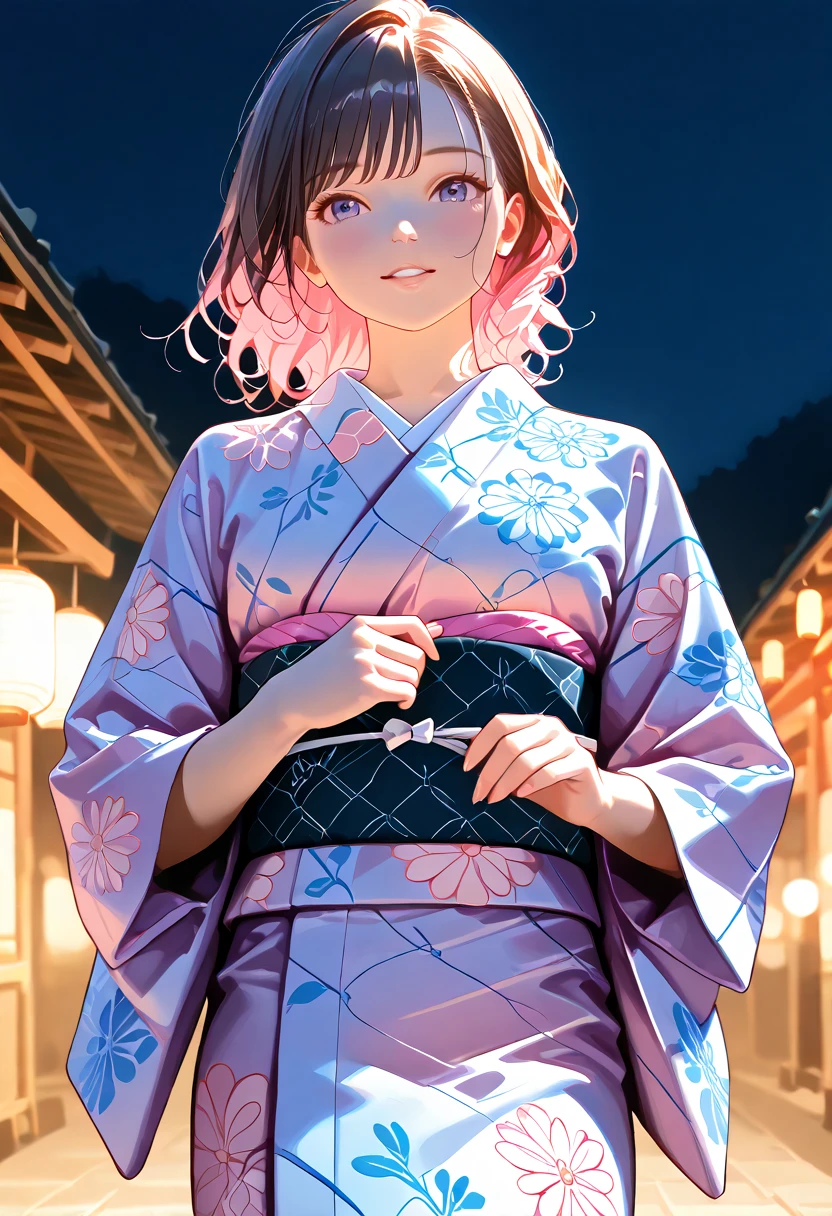 a woman wearing a beautiful traditional japanese yukata, elegant pose, detailed facial features, detailed hair, detailed kimono pattern, intricate obi, natural lighting, soft pastel colors, high quality, detailed art, photorealistic