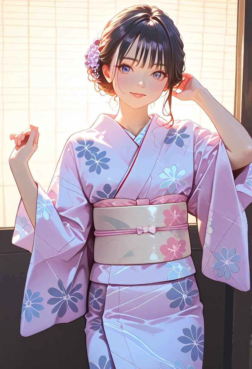 a woman wearing a beautiful traditional japanese yukata, elegant pose, detailed facial features, detailed hair, detailed kimono pattern, intricate obi, natural lighting, soft pastel colors, high quality, detailed art, photorealistic