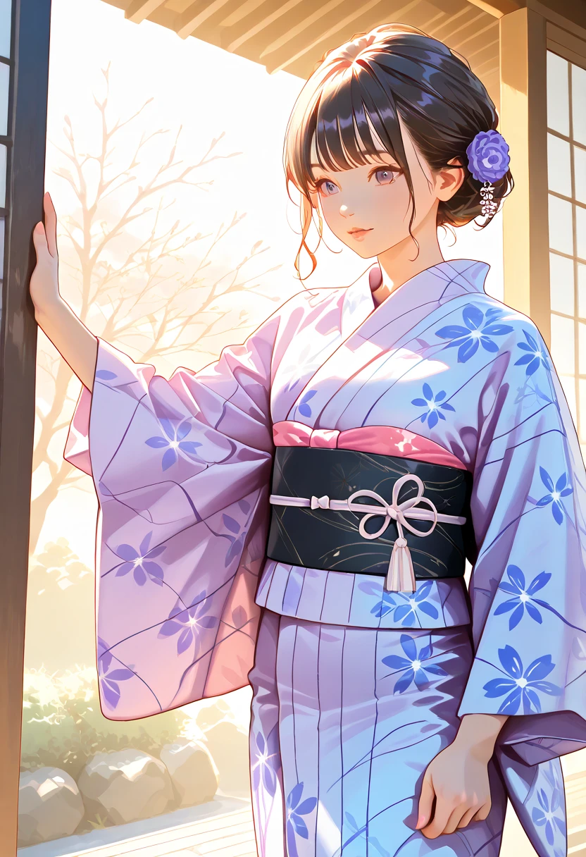 a woman wearing a beautiful traditional japanese yukata, elegant pose, detailed facial features, detailed hair, detailed kimono pattern, intricate obi, natural lighting, soft pastel colors, high quality, detailed art, photorealistic