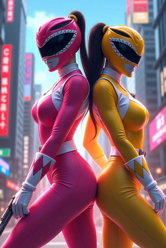 ((highest quality)), ((masterpiece)), (very detailed:1.3), NSFW,  Power Ranger，Beautiful Pink Ranger and Beautiful Yellow Ranger，wearing a ranger suit，vr goggles，deep kiss,tongue tied,big ass,big breasts，winding，woman with penis