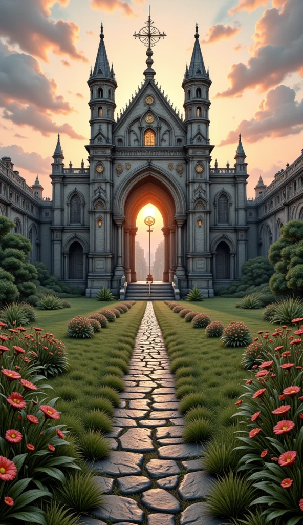 Wide view, Realistic cinematic scene. Green grassland flowers field natural background. Sunrise painting the orange mix pink hue lighting. The Roman Empire Gothic architeture palace complex up on the hill, the ornate Gate, and wall, golden decorated, detail dome and tower. Golden Ancient runes and cybernectic line decorate, Grimmdark. (Ultra-realistic, 32k, Masterpiece, High Quality, Detailed Realistic Background, Official Art, Realistic Lighting, filmfotos, film grain, reversal film photography).