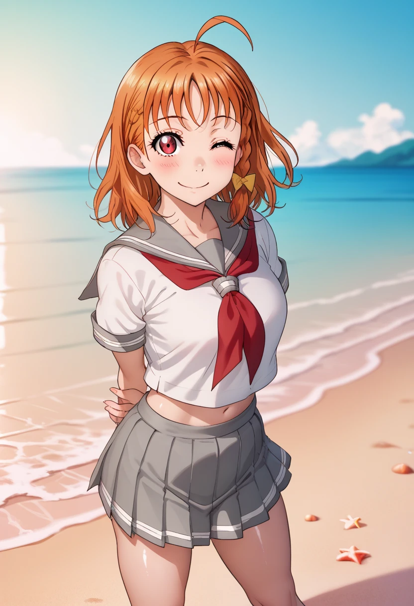 1girl, takami chika, medium hair, orange hair, standing, sporty athletic build, sharp lines, vibrant colors, breasts outlines, sexualized, RUKIA Style, shiny skin, ahoge, blush, braid, grey sailor collar, grey skirt, looking at viewer, miniskirt, pleated skirt, red eyes, red neckerchief, sailor collar, serafuku, shirt, short sleeves, side braid, smile, solo, split mouth, summer uniform, uranohoshi school uniform, white shirt, yellow bow, standing on beach, playful pose, light breeze, flowing hair, flowing clothes, beach setting,arms behind back,one eye closed, midriff