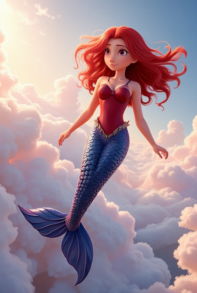 A stunning mermaid soaring through the sky, her long red hair flowing elegantly in the wind. She wears a form-fitting red top, and her navy blue tail glimmers brightly, resembling natural scales. Her bright blue eyes shine with intensity, and her skin appears smooth and radiant under the sunlight. The vast sky surrounds her, with soft clouds enhancing the sense of freedom and grace in her flight.