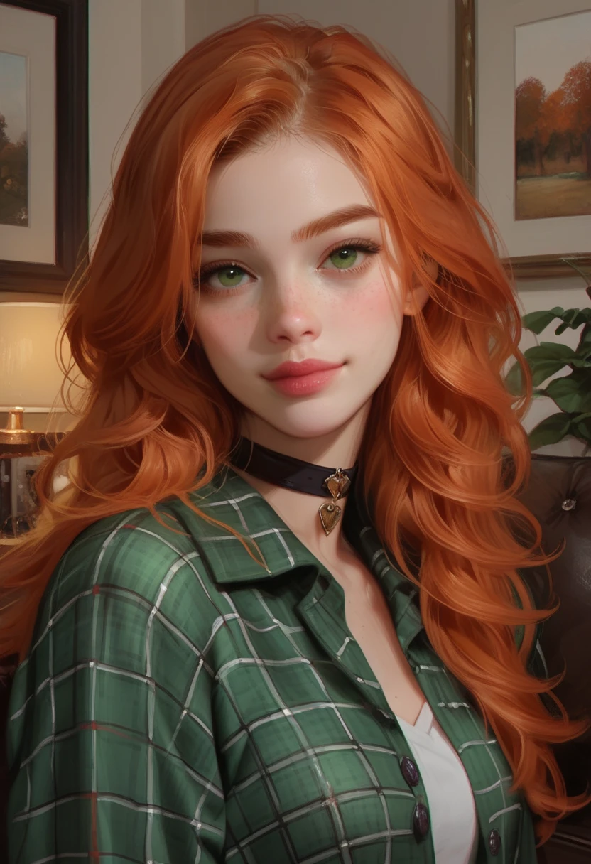 score_9, score_8_up, score_7_up, high detailed texture, photograph, realistic,
upper body, close up, cute woman, beautiful, 20 years old, dreamy, green eyes, freckles, soft smile, shoulder length ginger hair at side, living room, flannel shirt, black choker