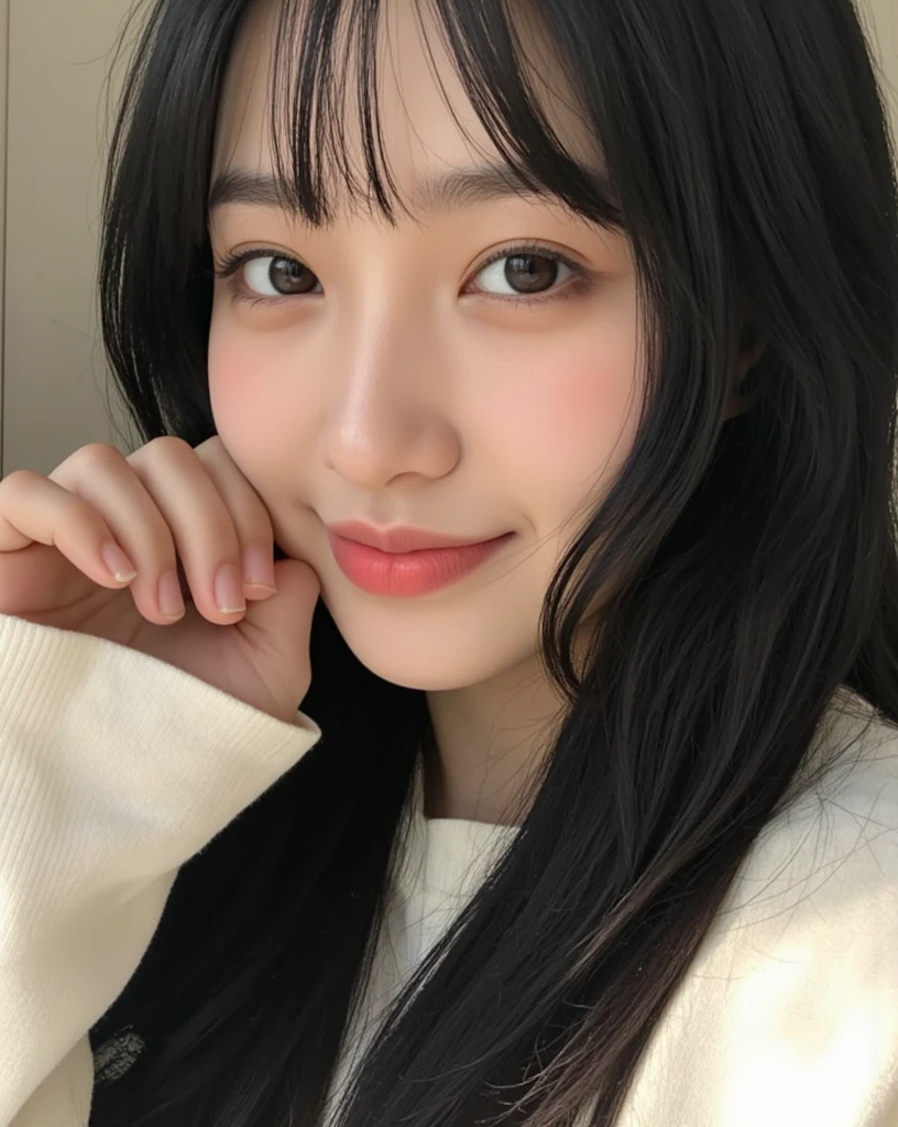 highest quality, Realistic, Very detailed, Finer details, High resolution, 8k wallpaper, One beautiful woman Standing in the house:1.3(white wall background), smile, Oversized hoodie, Skinny jeans, Black Hair, Beautiful Bangs, Perfect dynamic composition, Beautiful and detailed, A big smile waiting to start. Selfie shot.