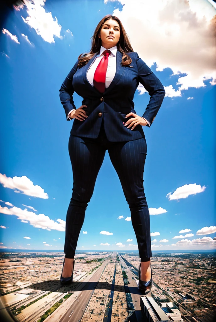 Looking up at the approaching young giantess from below, Giantess art, 500 miles tall giga giantess, young sophisticated and stylish woman in a grey italian pinstriped skirt suit, form fitting crisp black office shirt, and a large wide blue necktie in a windsor knot, with a beautiful, curvaceous figure, large natural breasts, and long wavey redhead hair, with a curvaceous figure and massive breasts. wearing blue rounded court high heels with uncovered feet and standing, rampage-like pose, with a city skyscrapers background of mega-city, skyscapers, partially obscured by a hazy, cloudy atmosphere. The image is a high-resolution, masterpiece-quality, cinematic, ultra-detailed, and hyper-photorealistic photograph, with perfect hands, face, and lighting. ultra-detailed, 8K, photo-realistic, hyper-realistic, masterpiece, intricate details, full body view. Looking at camera, The image is a high-resolution, masterpiece-quality, cinematic, ultra-detailed, and hyper-photorealistic photograph, with perfect hands, face, and lighting. ultra-detailed, 8K, photo-realistic, hyper-realistic, masterpiece, intricate details, viewed from below