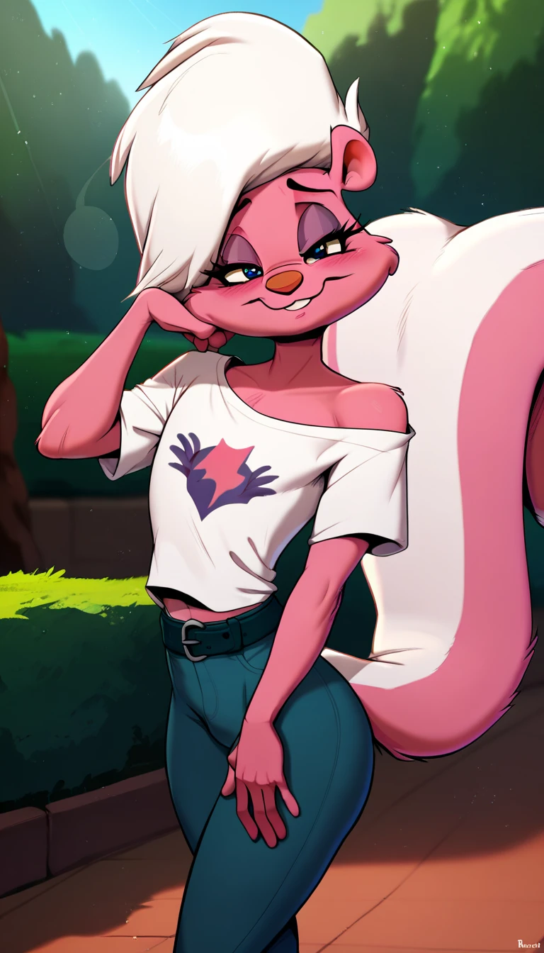 score_9, score_8_up, score_7_up, score_6_up, score_5_up, score_4_up, masterpiece, best quality, nervous expression, male, anthro, furry, pink fur, fluffy fur, BREAK, French striped skunk femboy, Bimbette, gay furry femboy, gay homophobic skunk, skunk ears, skunk nose, cute eyes, blue eyes, white female eyelids, female eyelashes, eyeshadows, femboy makeup, skunk tail, white hair, (white hair), solo, (outdoors), sunshine, detailed, big eyes, strong arms, white off-shoulder shirt, blue jeans with a belt on, happy, head tilt, adult (20 years), straight legs, half-closed eyes, blush, looking at the viewer, standing, (kilinah), light particles, score_9, score_8_up, score_7_up, score_6_up, score_5_up, score_4_up