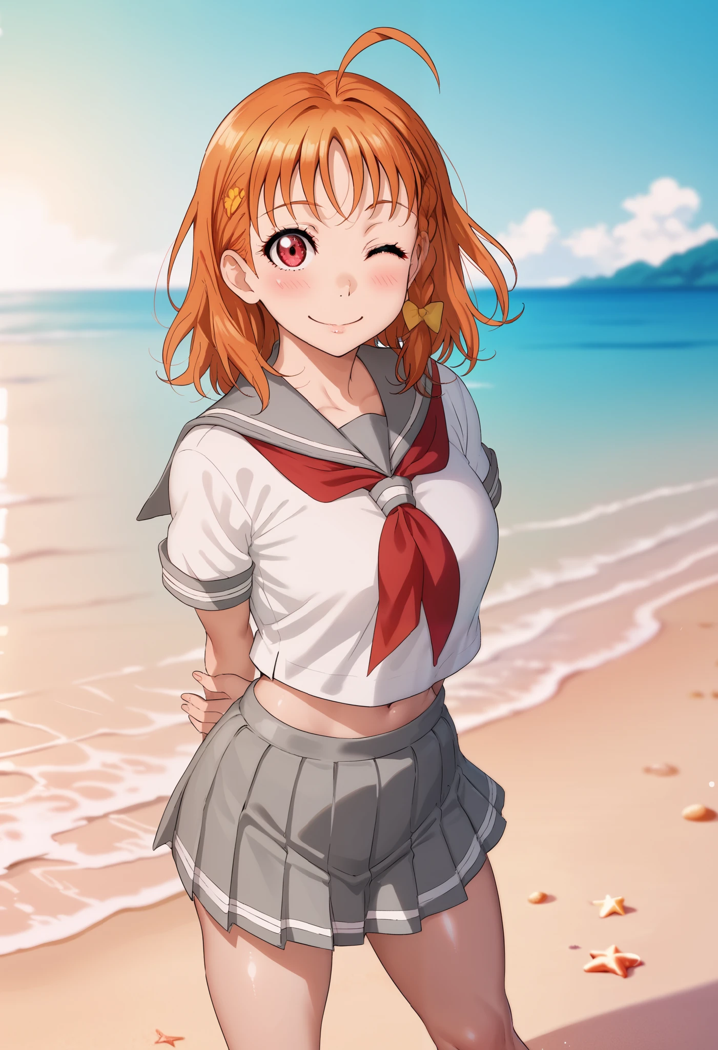 1girl, takami chika, medium hair, orange hair, standing, sporty athletic build, sharp lines, vibrant colors, breasts outlines, sexualized, RUKIA Style, shiny skin, ahoge, blush, braid, grey sailor collar, grey skirt, looking at viewer, miniskirt, pleated skirt, red eyes, red neckerchief, sailor collar, serafuku, shirt, short sleeves, side braid, smile, solo, split mouth, summer uniform, uranohoshi school uniform, white shirt, yellow bow, standing on beach, playful pose, light breeze, flowing hair, flowing clothes, beach setting,arms behind back,one eye closed, midriff