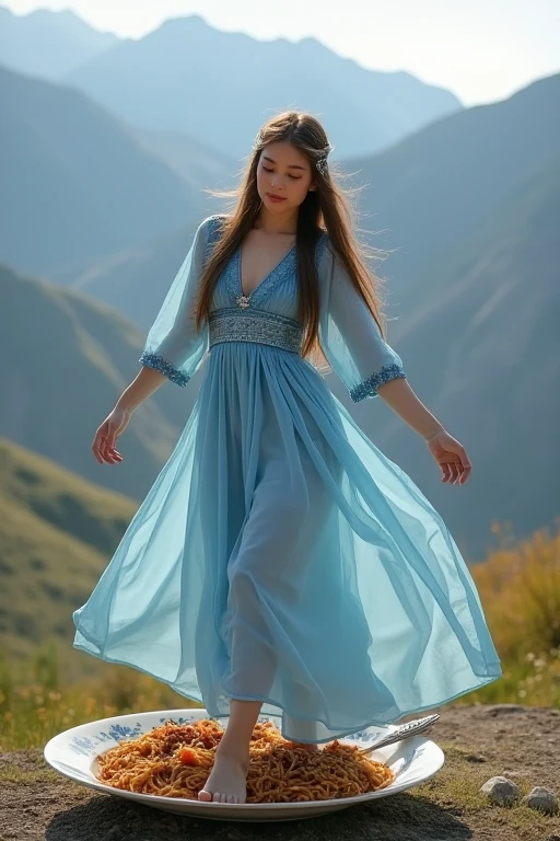 The photograph shows a young Kazakh woman, approximately 25 years old. Long flowing hair that beautifully frames her face, silver jewelry on her head. She is dressed in traditional light blue Kazakh clothing. Over the clothes, a velvet light blue vest, a semi-transparent light blue dress from under which the groin is visible, on the pubis dark brown thickets, (long legs), which clearly emphasizes her ethnicity and cultural heritage. The woman is dancing on a giant plate with lagman, a traditional Uighur dish consisting of noodles, meat and vegetables. This creates an interesting and unusual visual effect. Her anatomically correct hands harmoniously fit into the composition, creating a sense of naturalness and grace. The photograph is taken in high quality, which allows you to examine in detail the texture of the clothes and the facial expression of the model, conveying an atmosphere of coziness and tradition. exposing her beautiful breasts, clearly emphasizing her ethnicity and cultural heritage. The majestic mountains in the background add depth and context to the scene, highlighting the beauty of nature.