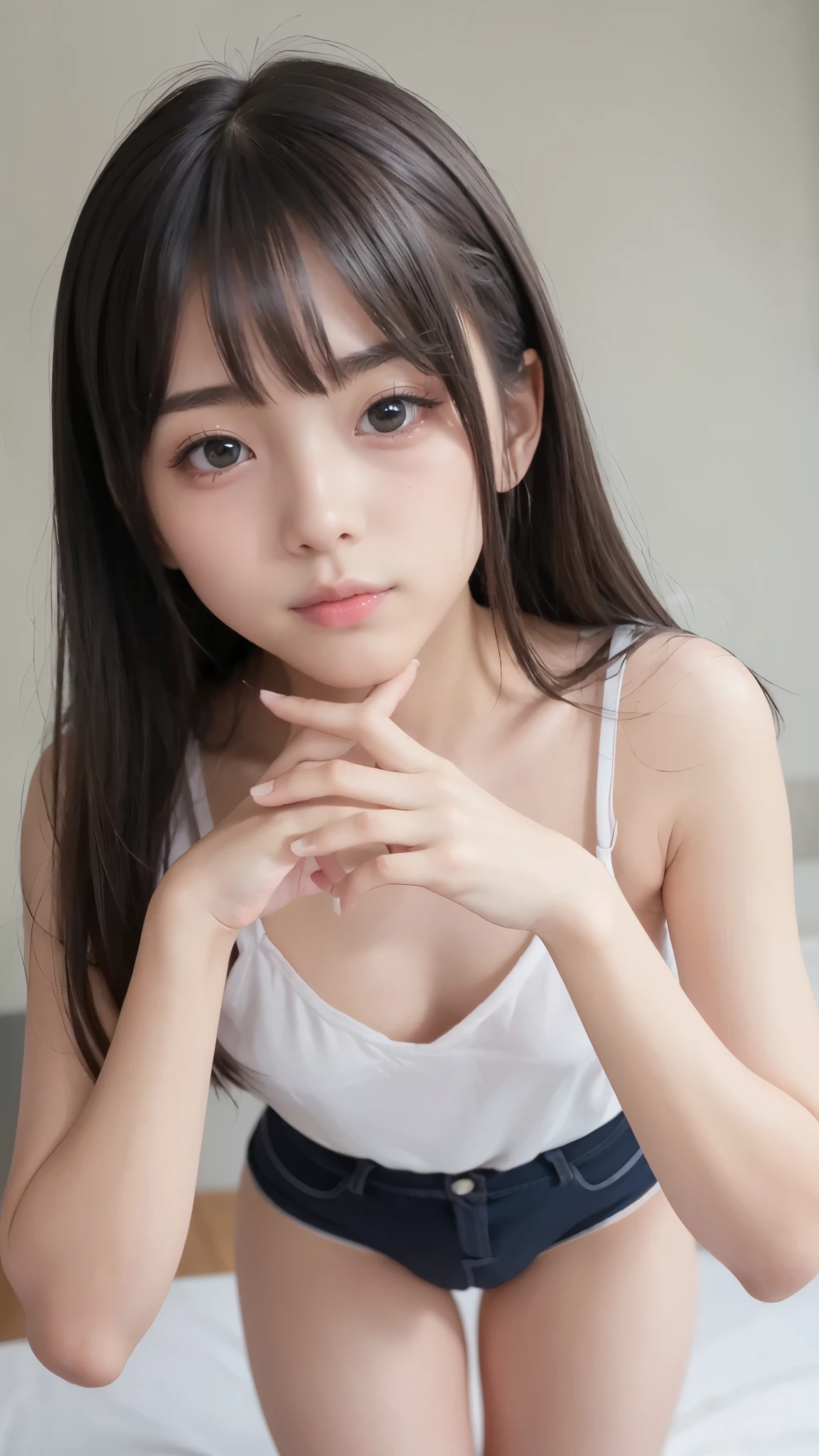(Show me your crotch to the camera), Meeting Room, clothing, white blouse, hotpants, small breasts, slender, small butt, Japanese , 1 girl, 18 years old, ((Estrus season, seductive expression)), ideal body proportions, black hair, With bangs, small breasts, erect nipples , slender, small butt, beautiful legs with tails, Thin legs, Beautiful Morning Glow , Cinematic Writing, deep border, First Person View, F/1.8, 135mm, ticker, masterpiece, Curation, anatomically accurate, textured skin, super detailed , high detail, High Quality , Awards, 最 High Quality , high definition , 8k, (((Super cute face, idol face, ))), ( detailed hands :1.3, perfect right hand:1.2)