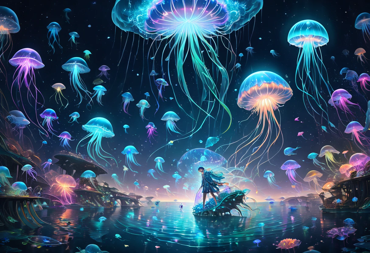 A man standing in front of a body of water with many floating jellyfish, concept art by Yan J, trending on Pixiv, magical realism, cosmic jellyfish, jellyfish, jellyfish deity, cyberpunk jellyfish, dancing jellyfish, bioluminescent jellyfish, jellyfish, jellyfish(es), bioluminescent sea creatures, jellyfish elements, sky whale, jellyfish elements