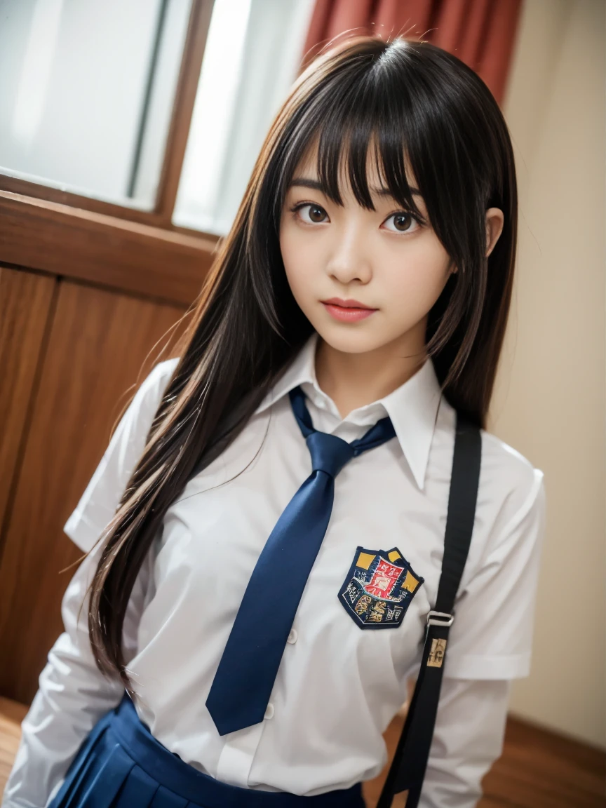 8K, Highest quality, masterpiece:1.2, RAW Photos, 1peopleの女の子, (Cute school girl, beautiful girl, Baby Face), (Skin Dentition), night, (dark), Clear background indoors, (people々), Beautiful Bangs, nice,, (Clothing and uniforms:1.3), Soft lighting, Attractive breasts, ((怪しいdark部屋)), (Mouth closed:1.2, Beautiful Eyes, Fine grain, Detailed Iris, Beautiful Lips, Beautiful Nose, Beautiful Face), (primary color:1.5), (Gaze at the viewer, blush:1.2, Mysterious Smile)