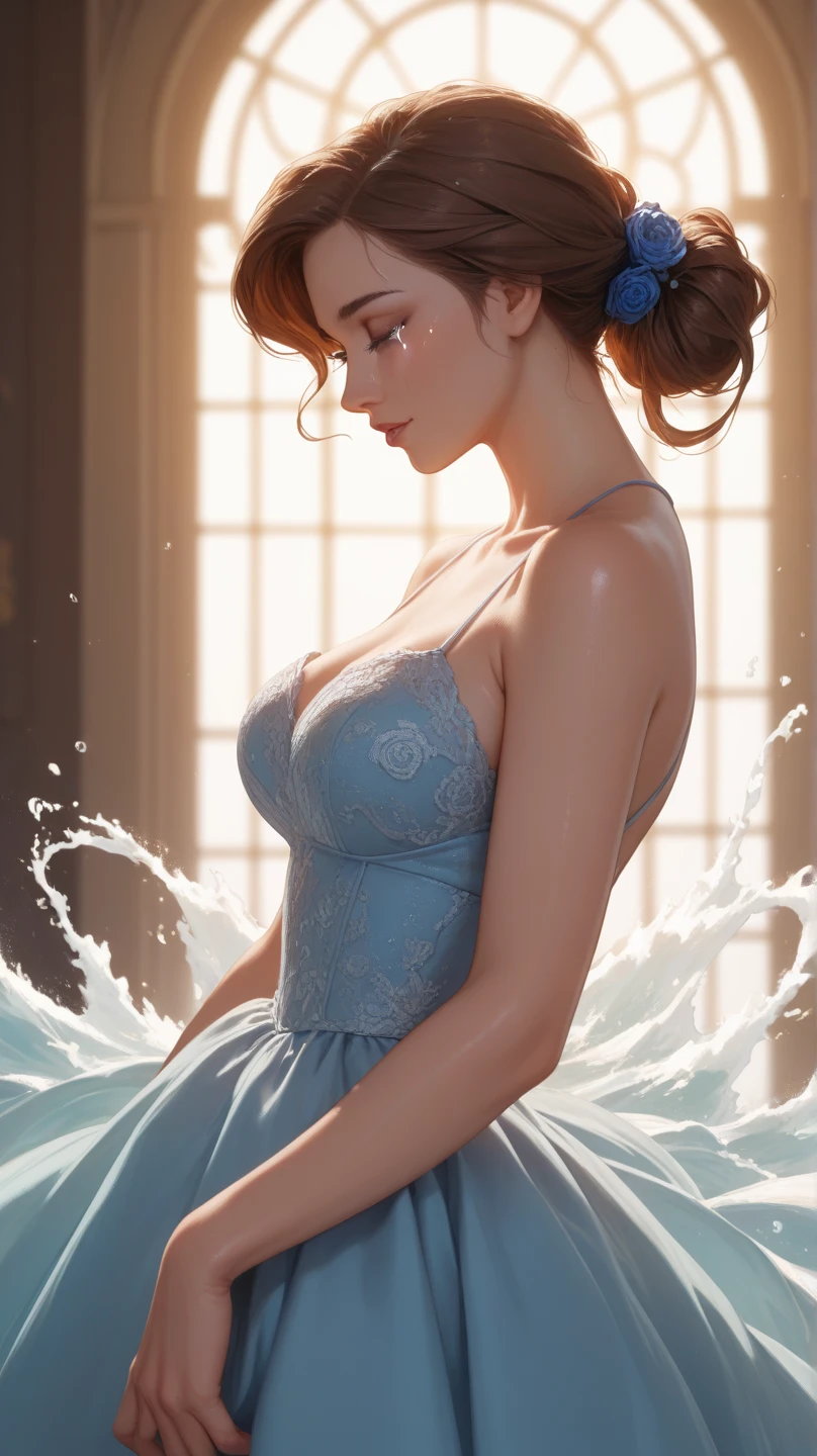 Prompt: A 15-year-old girl in 18th-century European style, with long brown hair tied in a neat ponytail, wearing a beautiful light blue dress with lace details. A 35-year-old woman in 18th-century European style, with elegant medium-length hair styled in loose waves, wearing a warm, flowing dress in soft colors.A close-up of girl and woman making eye contact, tears glistening in their eyes as they share a moment of understanding.
Lighting: Soft, warm lighting, enhancing the emotional connection.
Style: Disney style, touching and intimate.