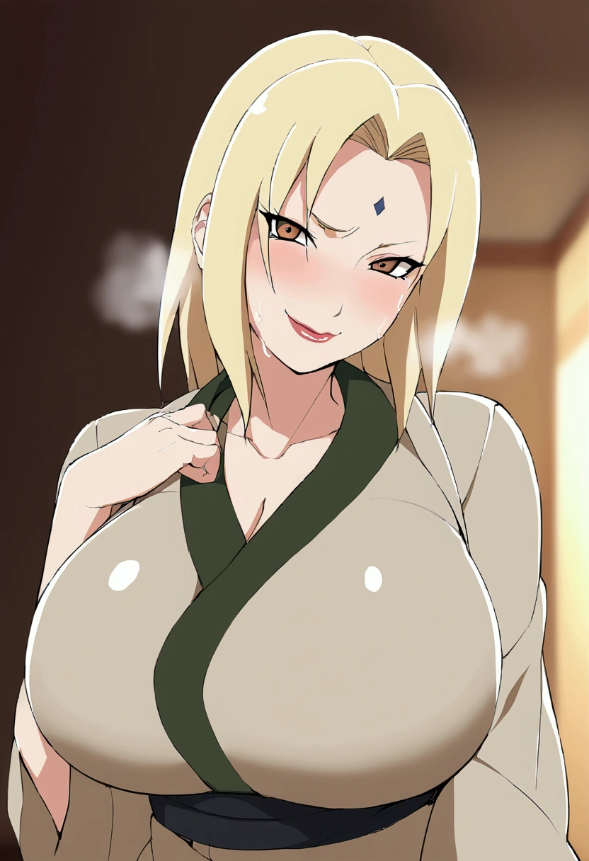 Tsunade from the anime naruto with very big boobs and wearing a sexy strict teacher dressses and looking to the camera with a naughty face and heavy breathing and sweating from hot