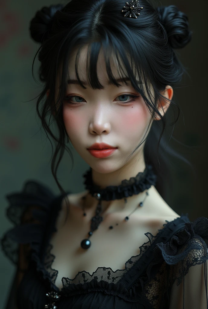 A highly detailed photorealistic image, a close up of a beautiful Japanese woman, long hair with bangs, dreamy gothic girl, gothic make-up, she is a vampire, beautiful face, detailed face, elegant render, full body photo, mistress, photoshop render, a bit bluish cinematic lighting, ebony rococo, elegant girl, female spy, haunting beautiful woman, detailed face, extravagant dress, busty cleavage, very feminine, old run down gothic cemetery in the  background, dark atmosphere, ambient dust, 