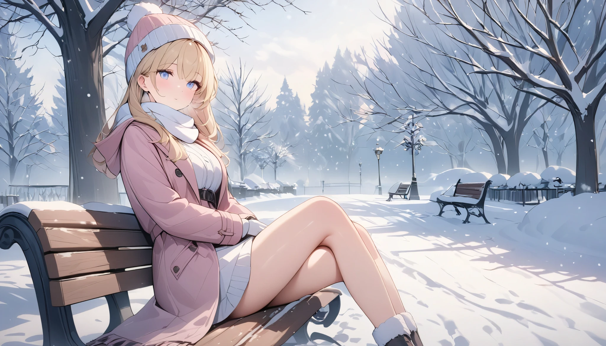 (((Best quality, 8k, Masterpiece: 1.3)), ((best quality)), ((masterpiece)), (detailed), perfect face, perfect body, (detailed skin:1.3), (intricate details), A blonde-haired woman wearing a fluffy pink coat, sitting on a wooden bench in a snowy winter setting. She is also wearing a knitted hat, scarf, and gloves, exuding warmth and comfort in her stylish attire. Her breath is visible in the frosty air as she gazes at the peaceful snowy surroundings. Snowflakes gently fall around her, and the ground is blanketed in a soft layer of fresh snow. The bench is set in a serene park, with snow-covered trees and a tranquil atmosphere. The soft pink of her coat contrasts beautifully with the white snow, adding a touch of warmth to the chilly scene