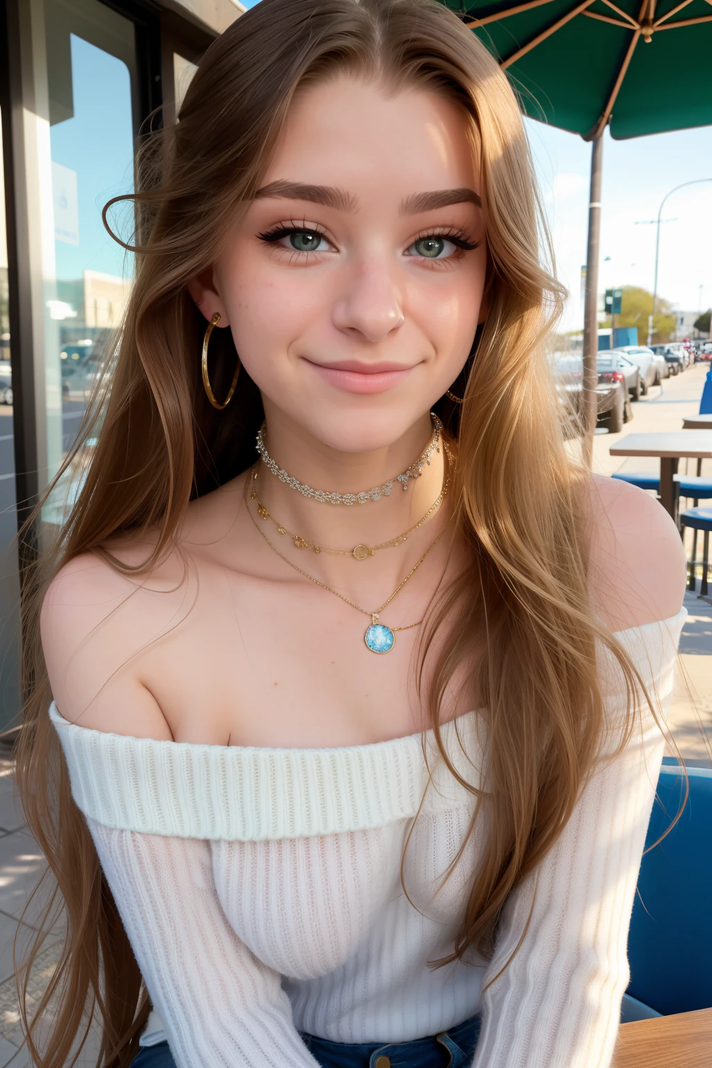 BrookeMonk, piercing eyes, looking straight, very happy,long hair, wearing an off-shoulder sweater, choker, closeup portrait, in a outdoor cafe in 2015, afternoon light,