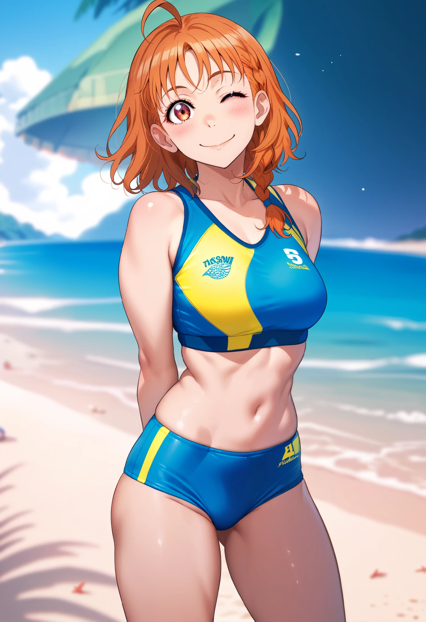 1girl, takami chika, medium hair, orange hair, standing, sporty athletic build, sharp lines, vibrant colors, RUKIA Style, ahoge, blush, braid,beach volleyball uniform, side braid, smile, solo, split mouth, standing on beach, playful pose, light breeze, flowing hair, beach setting,arms behind back,one eye closed, defined feminine muscles, sports bra, sports bikini bottom