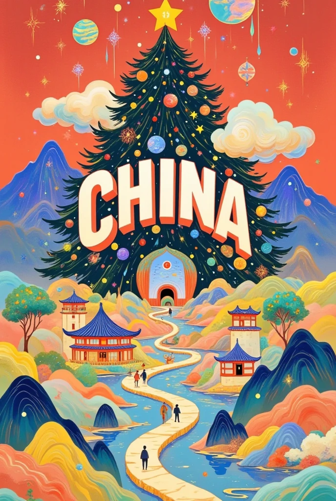 A poster with the word CHINA written on it, a red and gold gradient background, a huge Christmas tree in the background, a minimalist golden Chinese architectural design, fireworks effect, vector illustration style, flat composition, symmetrical layout, minimalist lines, high saturation, clear details, and golden clouds, rivers, mountains, bridges, lanterns, firecrackers, fireworks, lion dances, dragon dances, etc, exquisite details, delicate textures, exquisite colors, festive atmosphere, very festive atmosphere of the Chinese New Year.