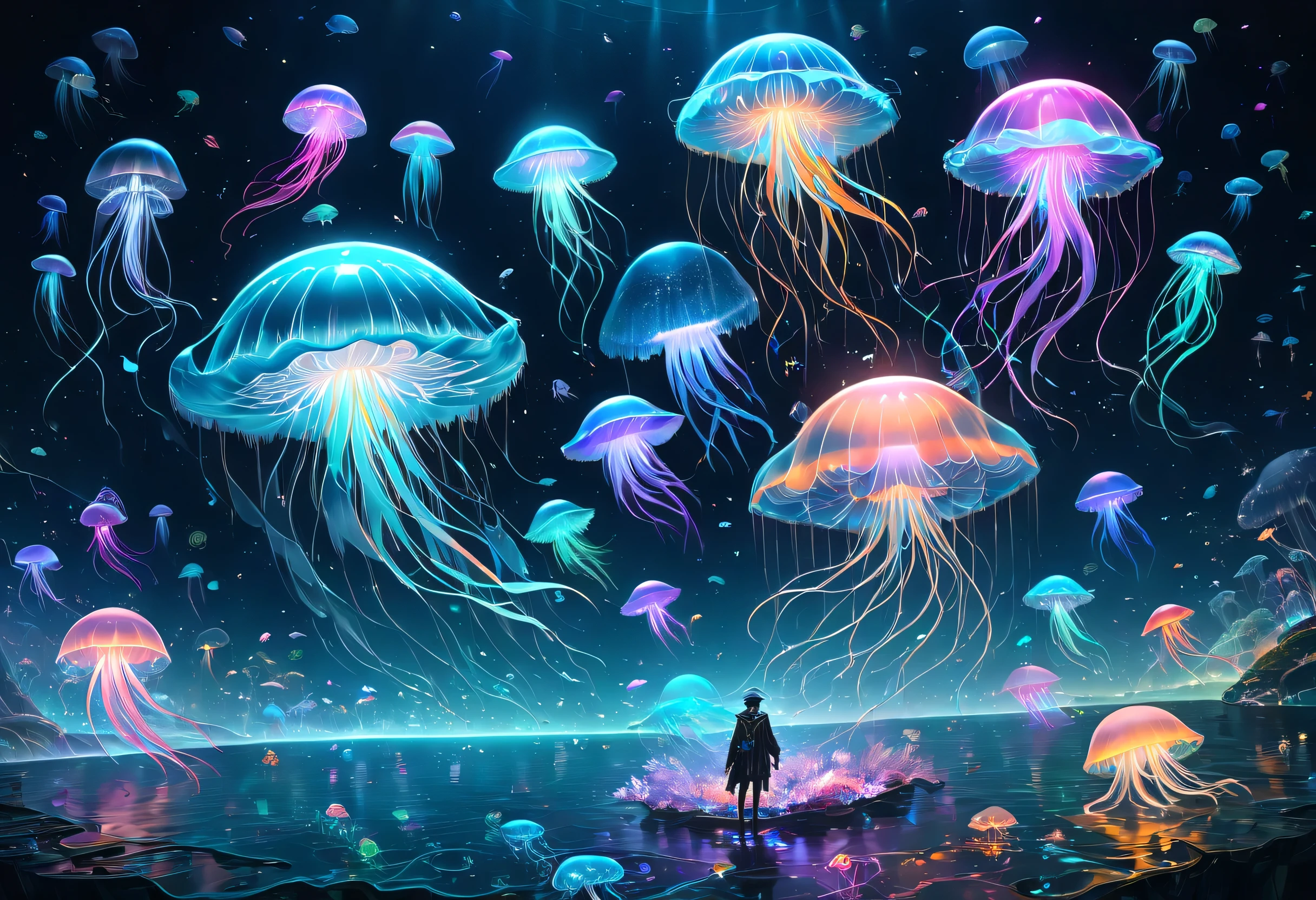 A man standing in front of a body of water with many floating jellyfish, concept art by Yan J, trending on Pixiv, magical realism, cosmic jellyfish, jellyfish, jellyfish deity, cyberpunk jellyfish, dancing jellyfish, bioluminescent jellyfish, jellyfish, jellyfish(es), bioluminescent sea creatures, jellyfish elements, sky whale, jellyfish elements