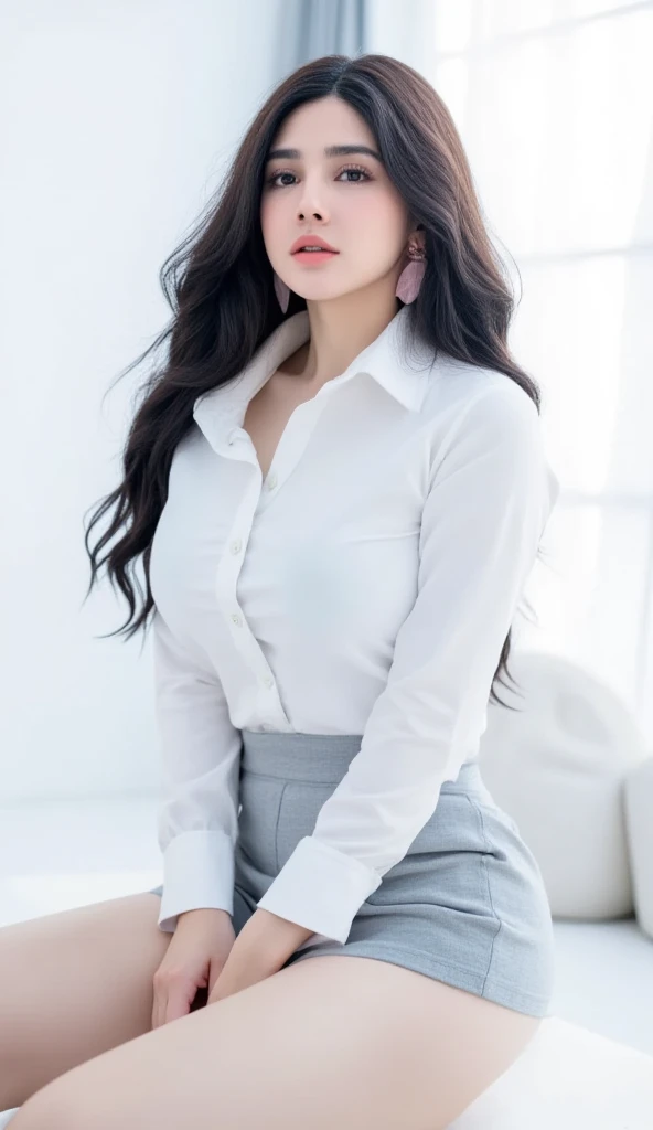 A sultry mermaid-like siren, her porcelain doll-like complexion aglow under softbox lighting on a crisp white background. Her luscious locks cascade down her back as she poses in a school uniform getup, complete with a crisp white shirt and short grey skirt, her human features a striking contrast to the nautical attire